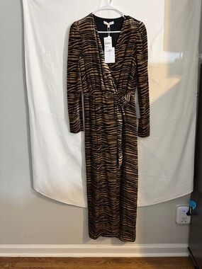 Wayf Black and Brown Long Sleeve Wrap Midi Dress